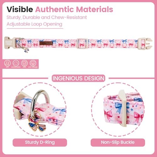 Lionheart glory Patriotic Flag Dog Collar - 4th of July American Flag Dog Collars,Pink Bow Pattern Adjustable Pet Collar for Small Dogs Male Female Dogs Summer Pet Collars