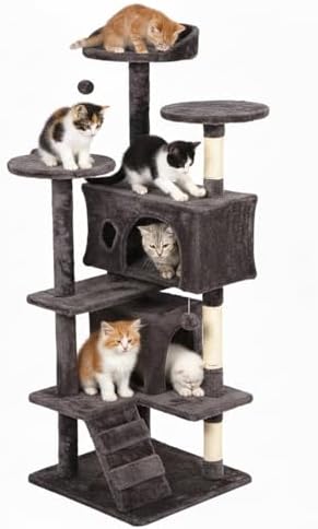 FDW | 54" Cat Tree Tower | Purple Gray | Multi-Level Indoor Activity Center with Sisal Scratching Posts, Condos, Plush Perches, Hanging Cat Toys | Sturdy, Easy to Assemble | for Kittens & Adult Cats