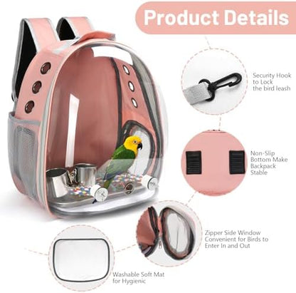 Bird Backpack Carrier, Travel Bird Cage for Small Medium Size Parrot Parakeet Budgies Cockatiel, Portable Clear Bubble Window Bag with Stainless Steel Tray Food Bowl Standing Perch (Pink)