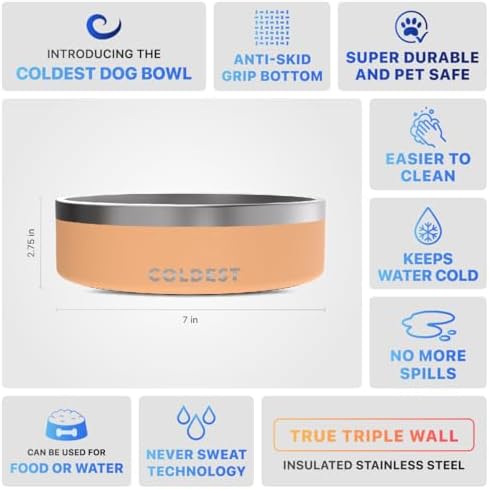 Coldest Dog Bowl - Anti Rust Metal, Non Slip, 3 Layers Insulated Stainless Steel Dog Bowls - Spill Proof & Heavy Duty - Water Bowl for Dogs, Cats & Pets, Dish Washer Safe (42 oz, Sahara Peach)