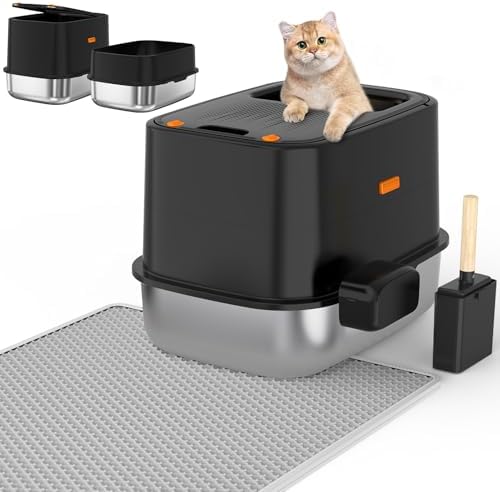 XL Stainless Steel Cat Litter Box with Lid, Top Entry, Mat & Scoop Included
