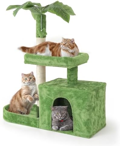 Athena Collection Small Cat Tree Tower with Scratching Post, 32 Inch Modern Cute Cat Tree Condo with Cozy Perch Haing Ball Green Leaves for Kittens Indoor Playing, Green
