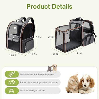 Cat Carrier Backpack, Expandable Pet Carrier with Sun Shade & Full Front Opening, Breathable Mesh Backpack for Small Dogs & Medium Cats Up to 18 Lbs, Foldable for Hiking, Camping (Grey)
