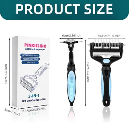 3-IN-1 Pet Grooming Tool - Undercoat Rake, Dematting Comb & Deshedding Brush for Cats, Dogs, Horses - Removes Mats, Tangles & Loose Fur, Reduces Shedding & Prevents Hair Mess (Blue)