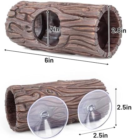 Reptile Hide, Resin Hollow Log Hideout with 2pcs Powerful Suction Cup, Reptile Tank Accessories Climbing Toys Terrarium Hideaway Caves Decor for Gecko, Lizard, Snakes, Hermit Crabs, Forgs