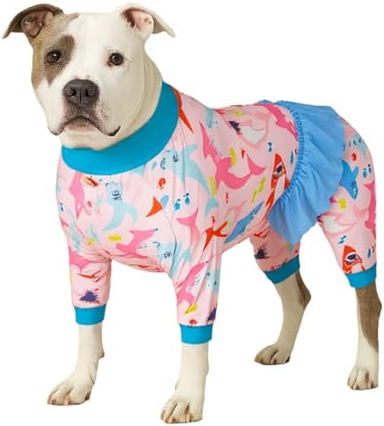 LovinPet Pitbull Bodysuit Pajama, Dog Pajamas, Big Bites Pink Print, 2XL