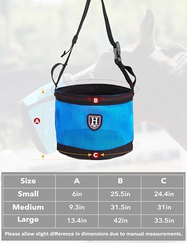 Harrison Howard Horse Muzzle Feed Bag Nylon Mesh Grain Feed Bag with Padded Neck Strap Adjustable Belt Blue Large