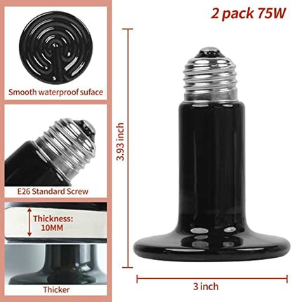 75W Ceramic Heat Emitter (2 Pack), Reptile Heat Lamp Bulbs, Ceramic Heater for Amphibian, Pet Brooder Coop, Chicken, Dog