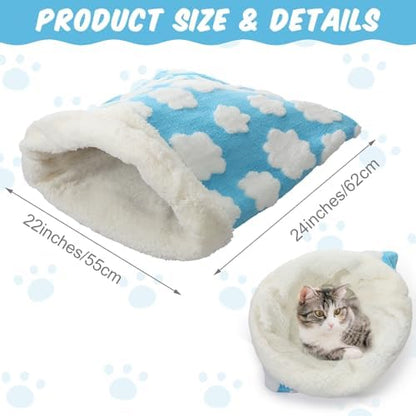 Self Heating Cat Sleeping Bag Indoor Self Warming Cat Bed Cave Heated Pad Cozy Soft Winter Washable Wrap Pet Snuggle Sack Pouch for Puppy Dog Kitten, 24 x 21 Inch, Blue and White