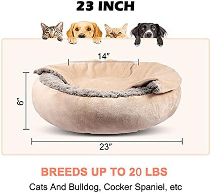 GASUR Small Dog & Cat Bed, 23'' Donut Pet Bed Mat with Hooded Blanket, Anti-Anxiety Burrow Cave Bed, Cozy Puppy Bed, Machine Washable, for Indoor Pets up to 20lbs