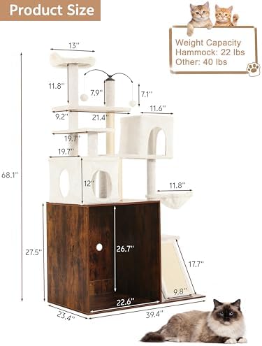 Cat Tree Tower for Automatic Litter Box, 68 Inches, Rustic Brown