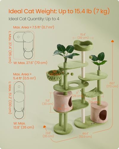 Feandrea Cat Tree, 68.1-Inch Multi-Level Plush Cat Tower, Artificial Leaves
