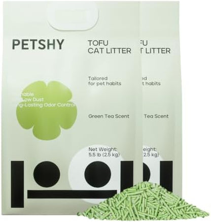 Tofu Cat Litter – Green Tea Scented for Long-Lasting Freshness, Plant-Based Kitty Litter, Flushable, Low Dust, Non-Stick Pellets for Easy Scoop & Clean, 11 lb (5.5lbx2bags)