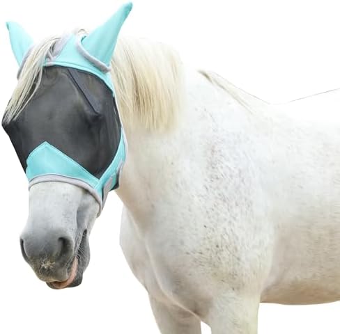 Horse Fly Mask with Ears, Breathable Fine Mesh Turquoise Cob
