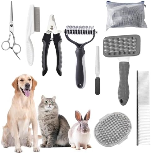 Dog Brush for Shedding,9 PCS in One Pet Slicker Hair Brush Kit with Pet Nail Clipper and File - Dog Cat Grooming Deshedding Undercoat Rake Brush Comb for All Small Large Dogs Cats Grey