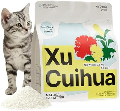 XuCuiHua Natural Cat Litter Unscented, 100% Plant-Based, Strong Clumping Litter, Easy Scooping, Clumps Lift Cleanly, Chemical-Free, Low Dust, Corn & Cassava Litter, 5.5 LB