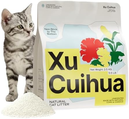 XuCuiHua Natural Cat Litter Unscented, 100% Plant-Based, Strong Clumping Litter, Easy Scooping, Clumps Lift Cleanly, Chemical-Free, Low Dust, Corn & Cassava Litter, 5.5 LB