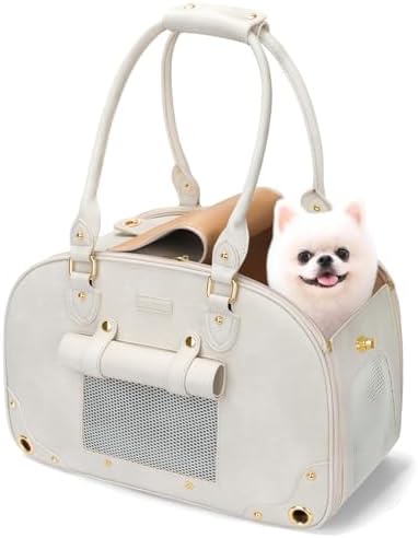 Dog Carrier Purse, Pet Carrier, Waterproof Premium Leather Pet Travel Portable Bag for Cat and Small Dog Home & Outdoor Medium Beige