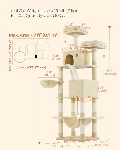 Feandrea Cat Tree, 81.1-Inch Large Cat Tower, Multi-Level Condo, Beige