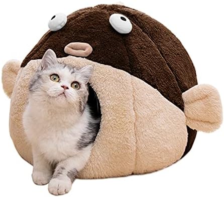 Cat Beds for Indoor Cats-Cat Bed Cave,Cute Lively Pufferfish Shape,Brown L