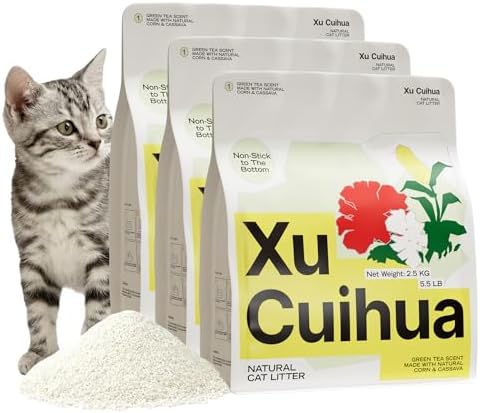 XuCuiHua Natural Cat Litter Green Tea Scent, Plant-Based, Strong Clumping Litter, Odor Control, Easy Scooping, Clumps Lift Cleanly, Low Dust, Corn & Cassava Litter, 16.5 LB (5.5 LB x 3 Bags)