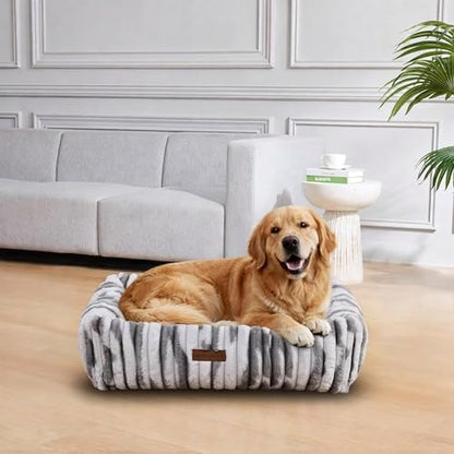 Modern Threads Ribbed Plush Two-Tone Cuddler Dog Bed, Ultra-Soft Faux Rabbit Fur, Supportive Bolstered Sides, Removable Washable Cover, Bed for Medium to Large Dogs, Silver, (34" L x 25" W x 9" Th)