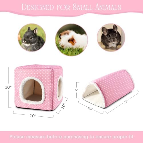 Guinea Pig Hideout, Dwarf Rabbit Bed with Play Tunnel, Washable Fleece House for Dwarf Bunnies, Chinchillas, Hedgehogs, Small Animal Cage Accessories Pink Dot