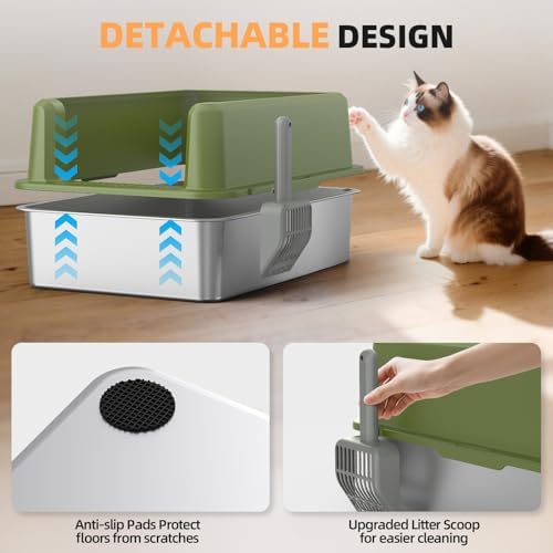 Stainless Steel Cat Litter Box, XXL High Sided Open Top Litter Pan, 1 Scoop