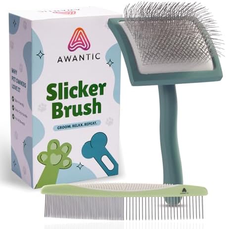 Self- Cleaning Slicker Brush for Dogs Suitable for Short & Long Haired Dogs and Effective Deshedding for Pet Grooming, Undercoat Removal, Tangle-Free Fur (Green Brush + Comb)
