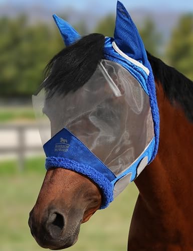 Harrison Howard CareMaster Horse Fly Mask UV Protective Fine Mesh with Extra Wool Soft Touch on Skin Champion Blue-Silver M