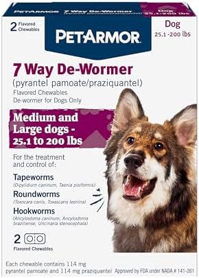 PetArmor 7 Way De-Wormer for Dogs, Oral Treatment for Tapeworm, Roundworm & Hookworm in Large Dogs & Puppies (Over 25 lbs), Worm Remover, Puppy Dewormer (Praziquantel & Pyrantel Pamoate), 2 Chewables