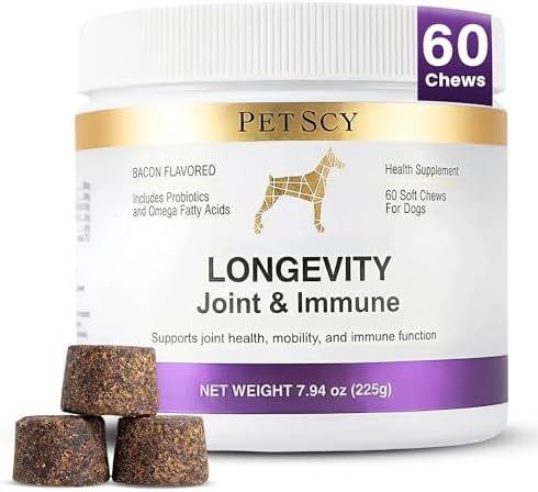Petscy Longevity Hip & Joint + Immune Support Chews for Dogs - 3.75g Chew - High Dose Glucosamine, MSM, Chondroitin, Green Lipped Mussel, Omega 3, Probiotics - 60 Chews (Small & Medium Dogs)