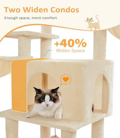 ABCPET Cat Tree Large Cat Tower Tree 68" Multi-Level Cat Tower for Indoor Cats with Sisal Scratching Posts, Widen Cat Perche, Square Hammock, 2 Widen Condos, Scratching Posts, Beige