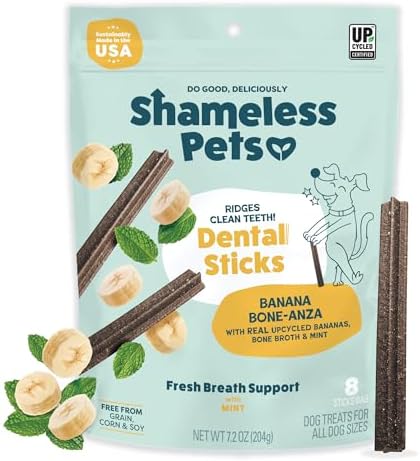 Shameless Pets Dental Treats for Dogs, Banana Bone-Anza - Healthy Dental Sticks with Hip & Joint Support for Teeth Cleaning & Fresh Breath - Chews Free from Grain, Corn & Soy