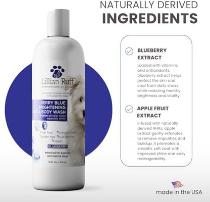 Lillian Ruff PRO Formula Berry Blue Brilliance Bundle - Ultimate Tear Stain & Odor Eliminator Set, Includes Berry Blue Shampoo, Conditioner & Waterless Shampoo, Hydrate, Soften & Detangle, USA Made