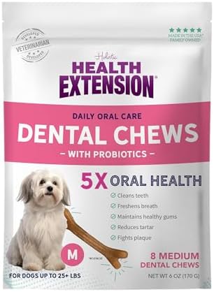 Health Extension Probiotic Dental Bones for Dogs, 8 Medium Bones, Cleans Teeth, Healthy Gums, Freshens Breath, Training or Reward, 6 oz Bag (Pack of 1)