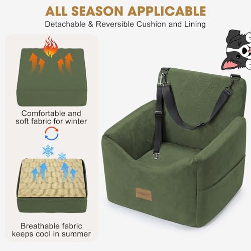 JOEJOY Dog Car Seats for Small Medium Dogs Under 35lbs, Dog Booster Seat with Detachable Washable Cover and Cushion, Memory Foam Pet Car Seat with Safety Belt and Storage Pockets (GN)