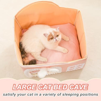 Jiupety Rabbit Cat Houses for Indoor Cats, Chimney Cute Cat Bed Cave, Enough Interior Space, Cartoon Soft Pet House Up to 3-10 lbs Kitten, Pink