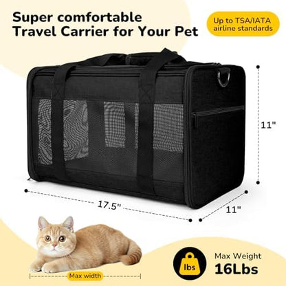 Hipubby Cat Carrier Dog Carrier for Pets Up to 16 Lbs, Soft-Sided Pet Travel Carrier for Cats and Small Dogs, Airline Approved Pet Carrying Case with Shoulder Strap & Removable Mat - Black