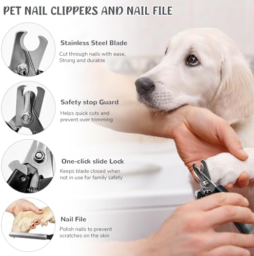 Dog Brush & Grooming Kit – 9-Piece Pet Brush & Deshedding Set for Shedding, Bathing, Trimming & Nail Care | Grooming Tools for Dogs & Cats, Includes Comb, Nail Clipper, Scissors, Slicker Brush (Gray)
