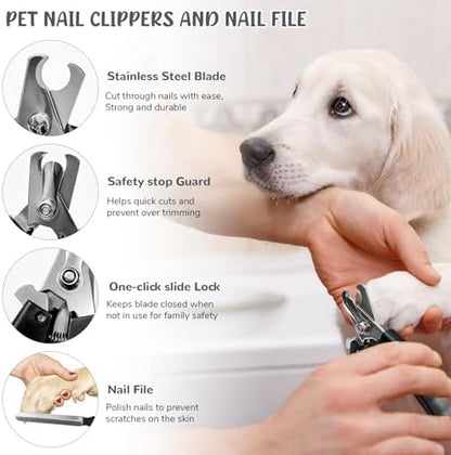 Dog Brush & Grooming Kit – 9-Piece Pet Brush & Deshedding Set for Shedding, Bathing, Trimming & Nail Care | Grooming Tools for Dogs & Cats, Includes Comb, Nail Clipper, Scissors, Slicker Brush (Gray)