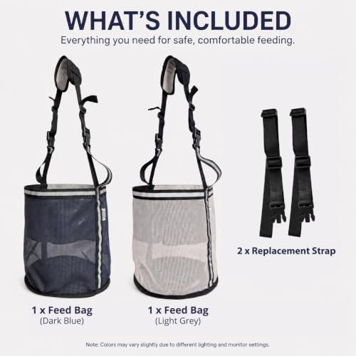 Horse Feed Bag,Heavy Duty Muzzle Feed Bag with Adjustable Strap,Comfort Neck Pad,Nose Pad and Double Waterproof Bottom Mesh Feed Bags for Horse Pack of 2 (Dark Blue & Grey(Reflective))