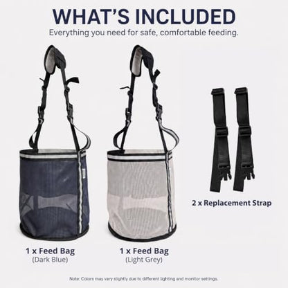 Horse Feed Bag,Heavy Duty Muzzle Feed Bag with Adjustable Strap,Comfort Neck Pad,Nose Pad and Double Waterproof Bottom Mesh Feed Bags for Horse Pack of 2 (Dark Blue & Grey(Reflective))