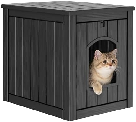 Cat Litter Box Enclosure, Enclosed Cat Litter Box Raised Floor, Openable Front Door Outdoor Cat House Weatherproof, Easy to Clean, Black