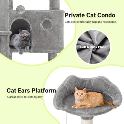 Allewie 64 Inches Multi-Level Cat Tree Tower for Indoor Cats, Grey