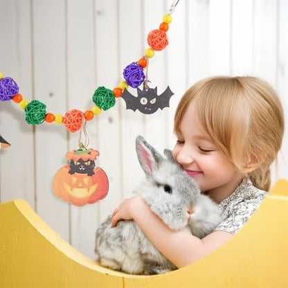 Abizoo Halloween Guinea Pig Bunny Toys Hanging, Natural Wood for Rabbits Teeth Grinding Chinchilla Dwarf Hamster Rat Gerbi Rabbit Chew Toys Treats Small Animals Enrichment Boredom for Cage