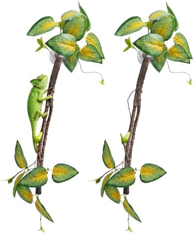 BNOSDM 2PCS Reptile Climbing Branch, Bendable Jungle Vine with Leaves Terrarium Plant Decoration with Suction Cup Chameleon Cage Accessories for Gecko Lizard Bearded Dragons Snake (Vinca Leaf)
