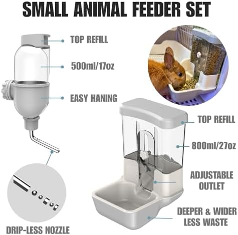 Automatic Pet Food Water Dispenser, Auto Gravity Pet Feeder Water Bottle Set for Crate Cage, Feeding Station for Small Dog Cat Rabbit Guinea Pigs Chinchilla Ferret Hedgehog (Blue)