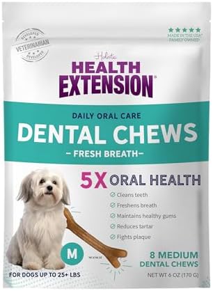 Health Extension Fresh Breath Dental Bones for Dogs, 8 Medium Bones, Freshens Breath, Cleans Teeth, Healthy Gums, Training or Reward, 6 oz Bag (Pack of 1)