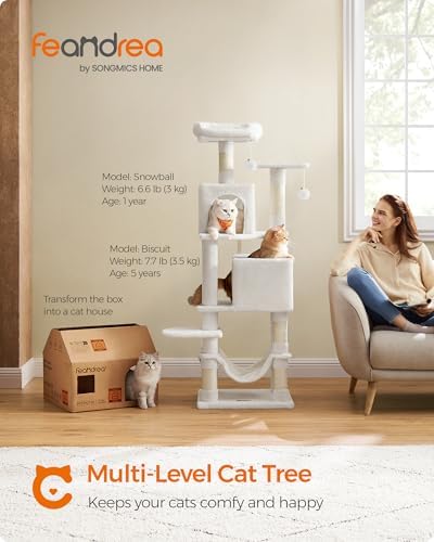 Feandrea Cat Tree, 59.5-Inch Tall Cat Tower, Multi-Level Condo, Cream White